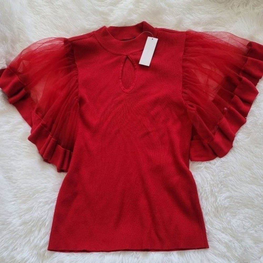 New York & Company red ribbed with butterfly sleeves high neck - Picture 12 of 13